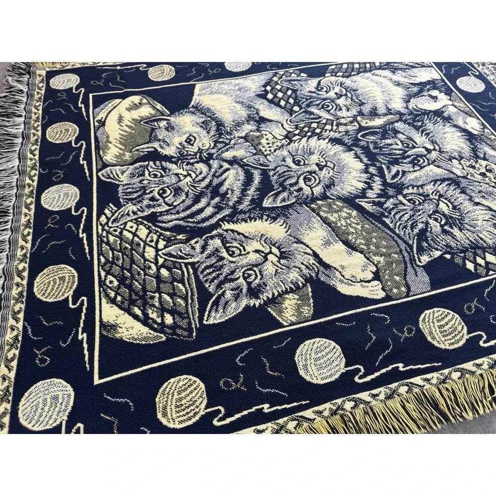 Vintage Woven Cat Kittens Throw Blanket Fringe Navy Cream 43x54 Tapestry Cottage - Picture 8 of 14